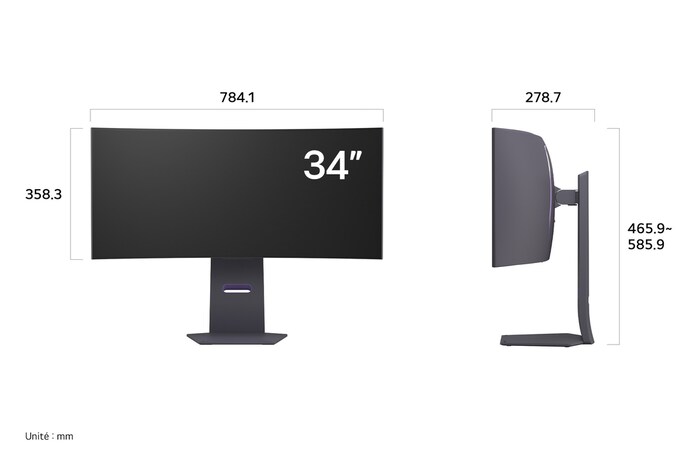 Moniteur LG UltraGear 34GS95QE affichant les dimensions de face et de profil, mesurant 784.1 mm de largeur, 358.3 mm de hauteur d'écran, 465.9 - 585.9 mm de hauteur totale et 278.7 mm de profondeur.