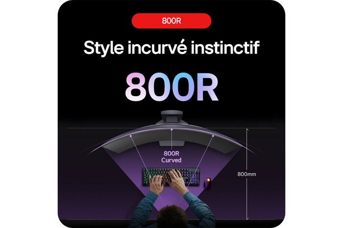 Moniteur Gaming LG UltraGear 34GS95QE présentant sa courbure 800R immersive, qui englobe intuitivement le champ de vision périphérique du joueur.