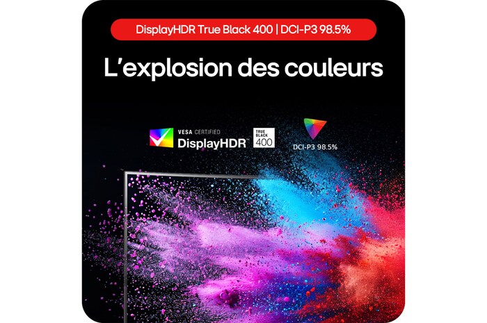 Moniteur Gaming LG UltraGear 34GS95QE présentant une explosion de couleurs grâce à DisplayHDR True Black 400 et une couverture DCI-P3 98.5%