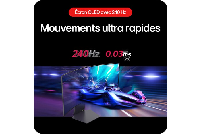 Moniteur Gaming LG UltraGear 34GS95QE assurant des mouvements ultra-rapides en jeu avec un taux de rafraîchissement de 240 Hz et un temps de réponse de 0.03 ms (GtG).