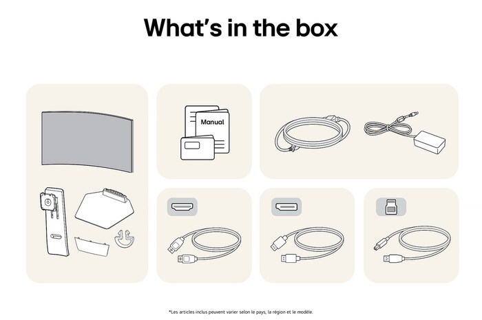 Moniteur Gaming LG UltraGear 34GS95QE affichant un aperçu de tous les composants fournis, incluant le corps du moniteur, les pièces du support, le manuel et les câbles HDMI, DP et USB.