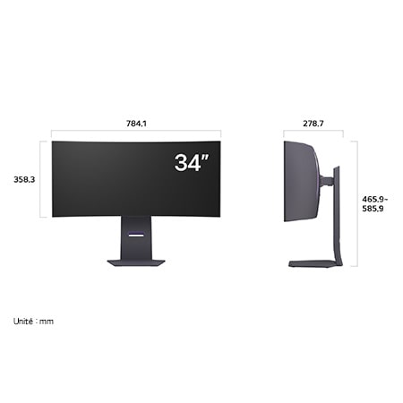 Moniteur LG UltraGear 34GS95QE affichant les dimensions de face et de profil, mesurant 784.1 mm de largeur, 358.3 mm de hauteur d'écran, 465.9 - 585.9 mm de hauteur totale et 278.7 mm de profondeur.