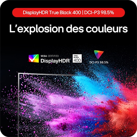 Moniteur Gaming LG UltraGear 34GS95QE présentant une explosion de couleurs grâce à DisplayHDR True Black 400 et une couverture DCI-P3 98.5%