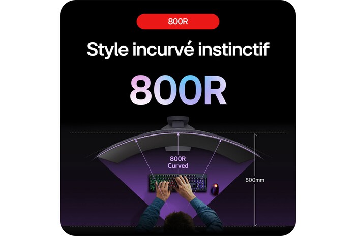 Moniteur Gaming LG UltraGear 39GS95QE présentant sa courbure 800R immersive, qui englobe intuitivement le champ de vision périphérique du joueur.