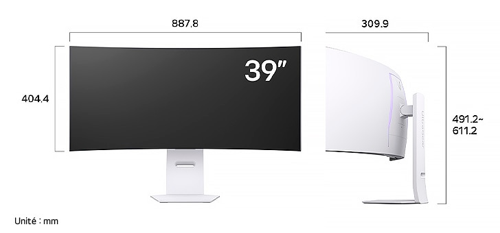 Moniteur LG UltraGear 39GS95QE en fini blanc affichant les dimensions de face et de profil, mesurant 887.8 mm de largeur, 404.4 mm de hauteur d'écran, 491.2 - 611.2 mm de hauteur totale et 309.9 mm de profondeur.