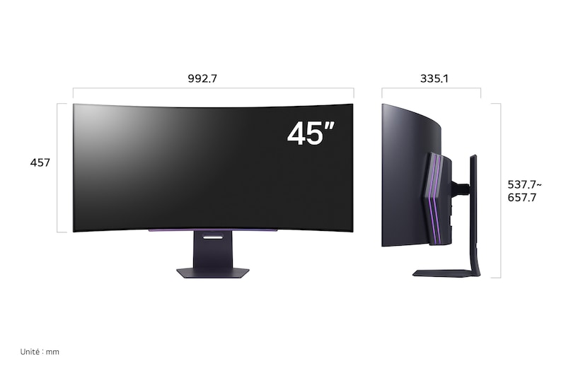 Moniteur LG UltraGear 45GS95QE-B affichant les dimensions de face et de profil, mesurant 992.7 mm de largeur, 457 mm de hauteur d'écran, 537.7 - 657.7 mm de hauteur totale et 335.1 mm de profondeur.