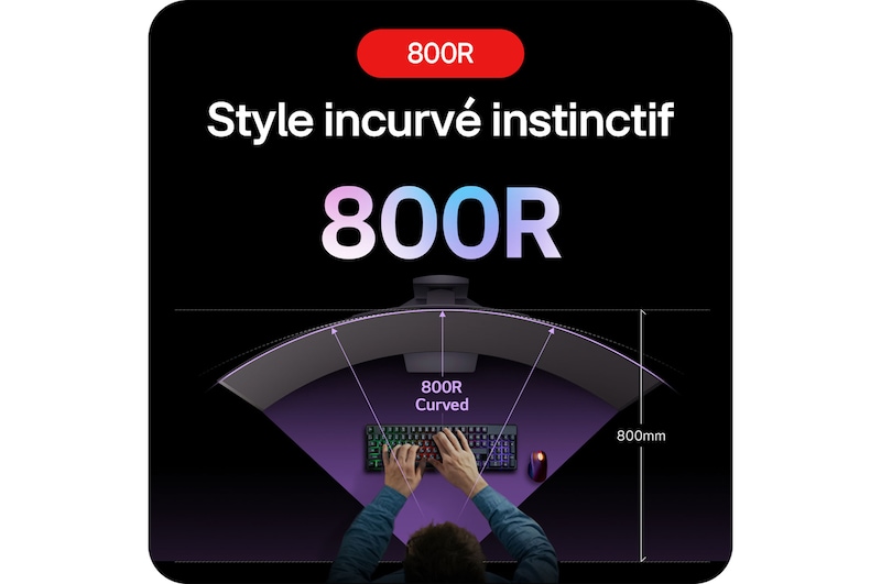 Moniteur Gaming LG UltraGear 45GS95QE-B présentant sa courbure 800R immersive, qui place intuitivement le joueur au cœur de l'action.