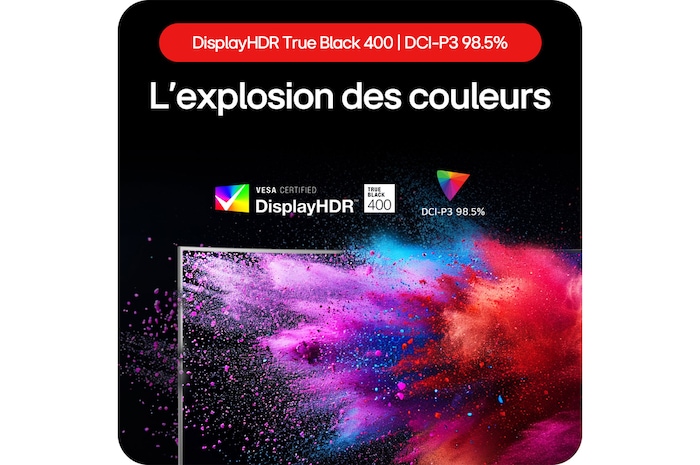 Moniteur Gaming LG UltraGear 45GS95QE-B présentant une explosion de couleurs grâce à DisplayHDR True Black 400 et une couverture DCI-P3 98.5%.