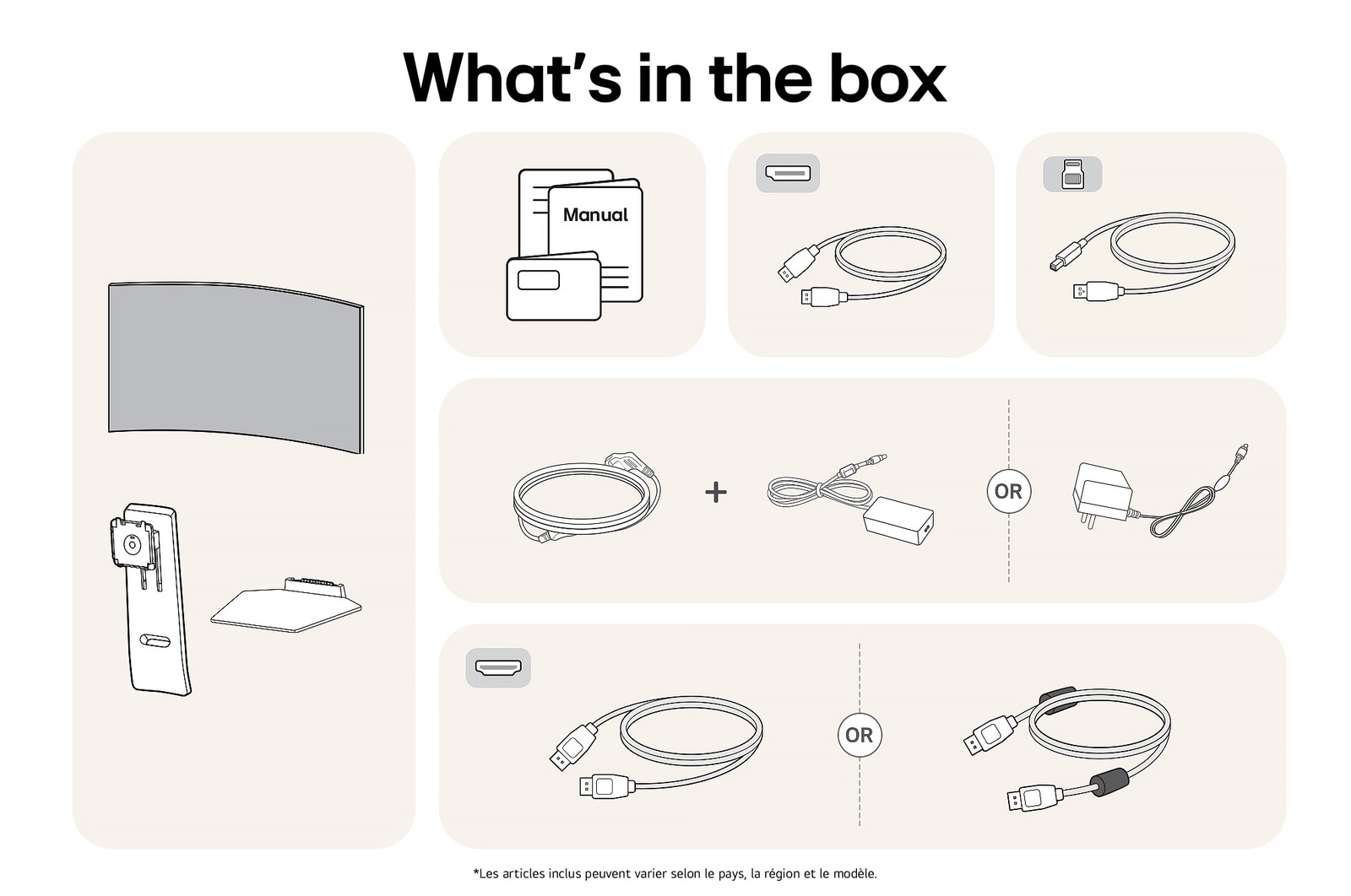 Moniteur Gaming LG UltraGear 45GS95QE-B affichant un aperçu de tous les composants fournis, incluant le corps du moniteur, les pièces du support, le manuel et les câbles HDMI, DP et USB.