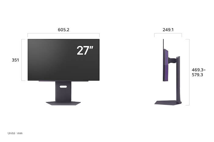 Moniteur LG 27GX790A au fini sombre affichant les dimensions de face et de profil, mesurant 605.2 mm de largeur, 351 mm de hauteur d'écran, 469.3~579.3 mm de hauteur totale et 249.1 mm de profondeur.