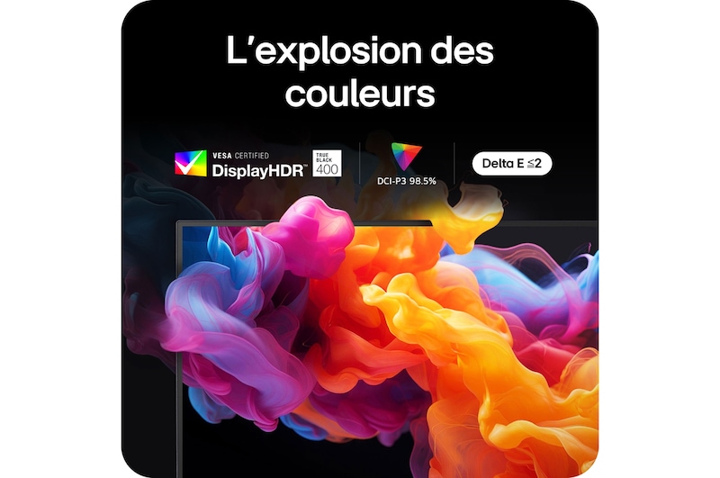 Moniteur LG 27GX790A offrant une explosion de couleurs avec certification VESA DisplayHDR™ 400 (True Black), 98.5% de l'espace couleur DCI-P3 et précision Delta E ≤ 2.