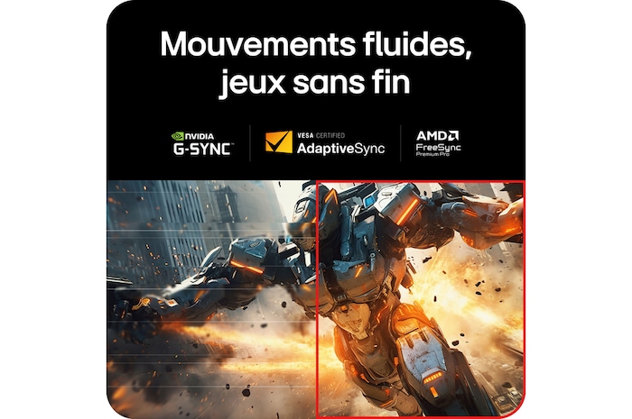 Moniteur LG 27GX790A assurant un mouvement fluide grâce à la prise en charge de NVIDIA G-SYNC Compatible, VESA AdaptiveSync et AMD FreeSync Premium Pro.