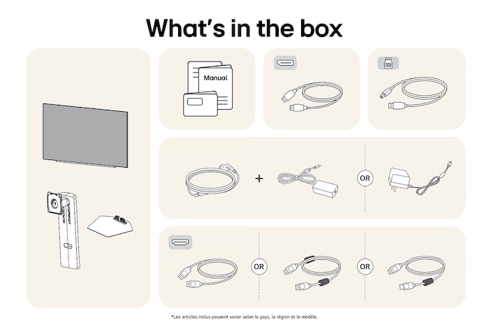 Moniteur LG 27GX790A affichant un aperçu de tous les composants fournis, incluant le corps du moniteur, les pièces du support, le manuel, l'adaptateur secteur et les câbles HDMI et DP.