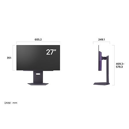 Moniteur LG 27GX790A au fini sombre affichant les dimensions de face et de profil, mesurant 605.2 mm de largeur, 351 mm de hauteur d'écran, 469.3~579.3 mm de hauteur totale et 249.1 mm de profondeur.