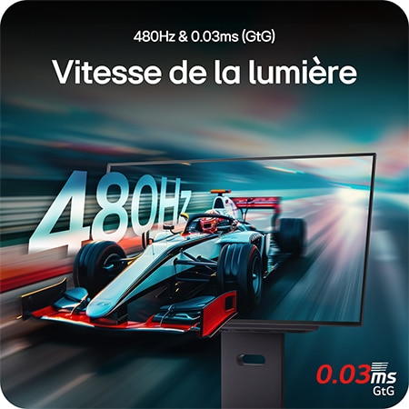 Moniteur LG 27GX790A présentant des performances ultra-rapides avec un taux de rafraîchissement de 480Hz et un temps de réponse de 0.03ms (GtG) pour un jeu rapide et fluide.