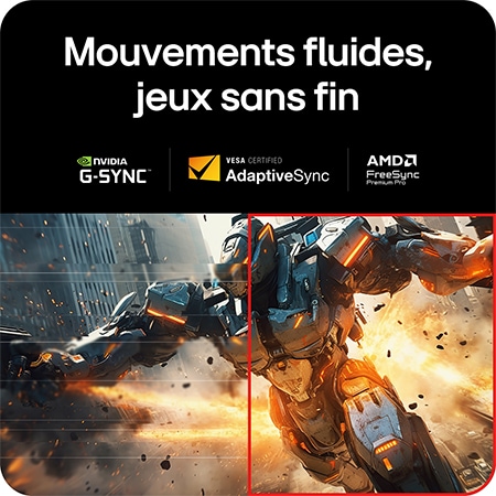 Moniteur LG 27GX790A assurant un mouvement fluide grâce à la prise en charge de NVIDIA G-SYNC Compatible, VESA AdaptiveSync et AMD FreeSync Premium Pro.