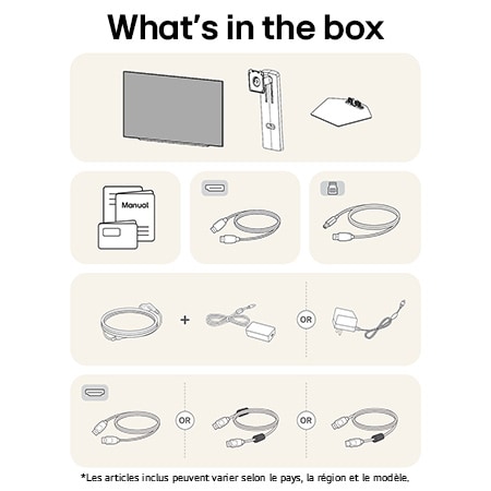 Moniteur LG 27GX790A affichant un aperçu de tous les composants fournis, incluant le corps du moniteur, les pièces du support, le manuel, l'adaptateur secteur et les câbles HDMI et DP.