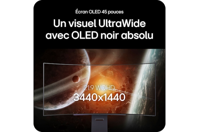 Moniteur LG 45GX900A-B affichant l'écran OLED UltraWide de 45 pouces, mettant en avant la résolution 21:9 WQHD (3440x1440) et la technologie OLED noir profond pour des images incroyables.