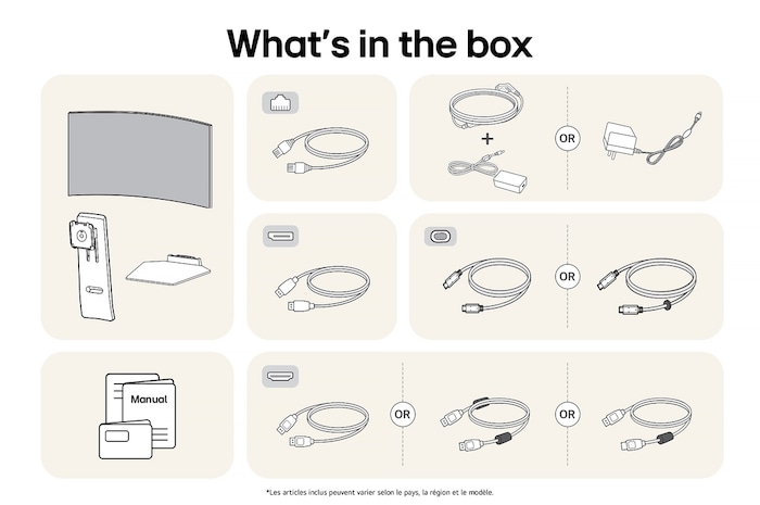 Moniteur LG 45GX900A-B affichant un aperçu de tous les composants fournis, incluant le corps du moniteur, le support, le manuel, l'adaptateur secteur et les câbles USB-C, DP et HDMI.