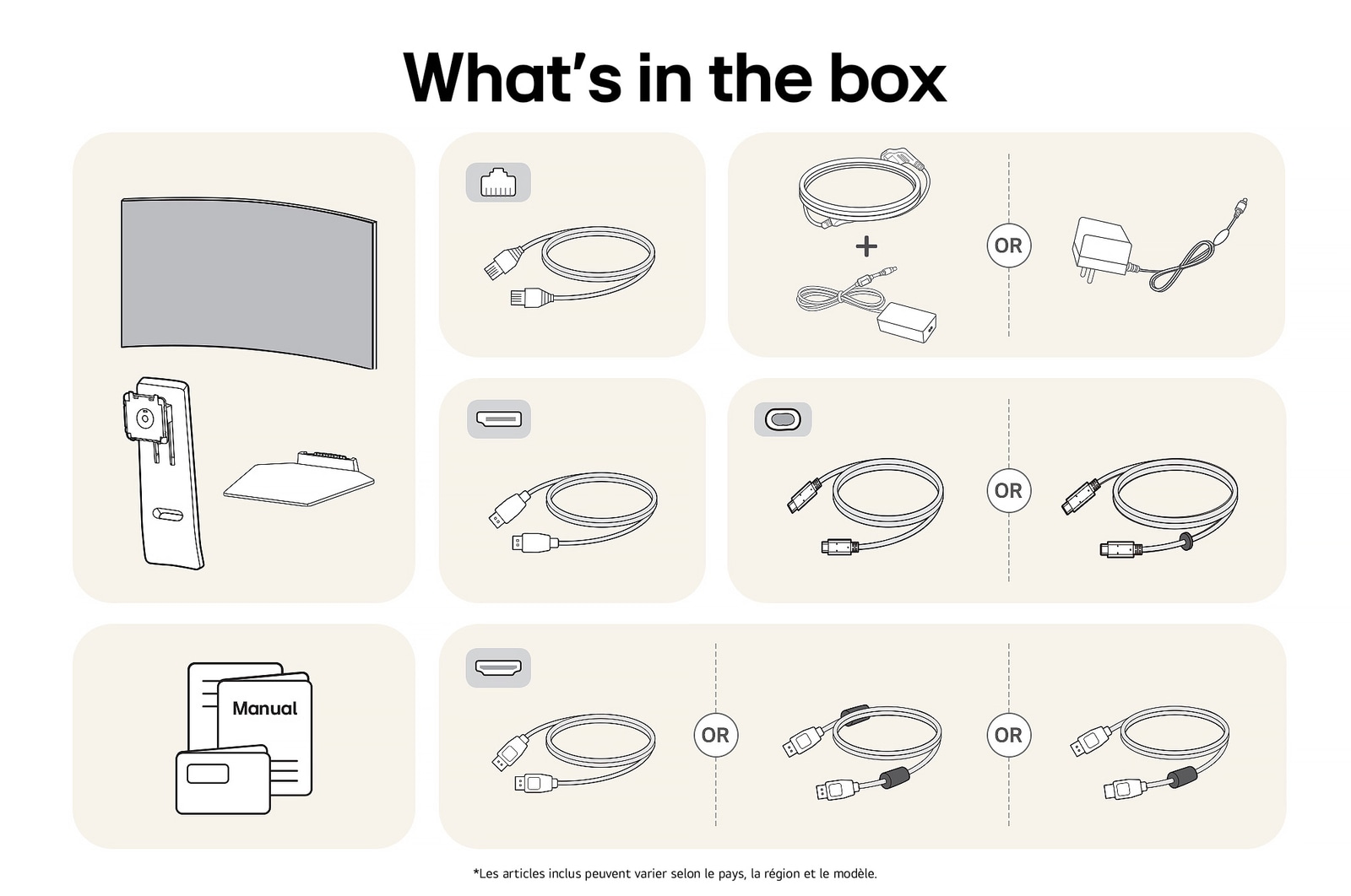 Moniteur LG 45GX900A-B affichant un aperçu de tous les composants fournis, incluant le corps du moniteur, le support, le manuel, l'adaptateur secteur et les câbles USB-C, DP et HDMI.