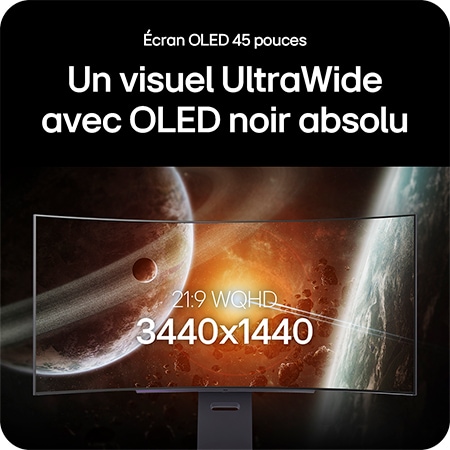 Moniteur LG 45GX900A-B affichant l'écran OLED UltraWide de 45 pouces, mettant en avant la résolution 21:9 WQHD (3440x1440) et la technologie OLED noir profond pour des images incroyables.