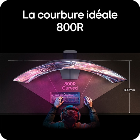 Moniteur LG 45GX900A-B présentant la courbure optimale 800R, qui englobe le champ de vision de l'utilisateur et offre une immersion maximale pour le jeu.