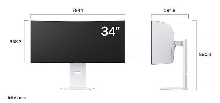 Moniteur LG 34GX90SA au fini blanc affichant les dimensions de l'écran incurvé, mesurant 784.1 mm de largeur, 358.3 mm de hauteur d'écran, 580.4 mm de hauteur totale et 291.8 mm de profondeur.