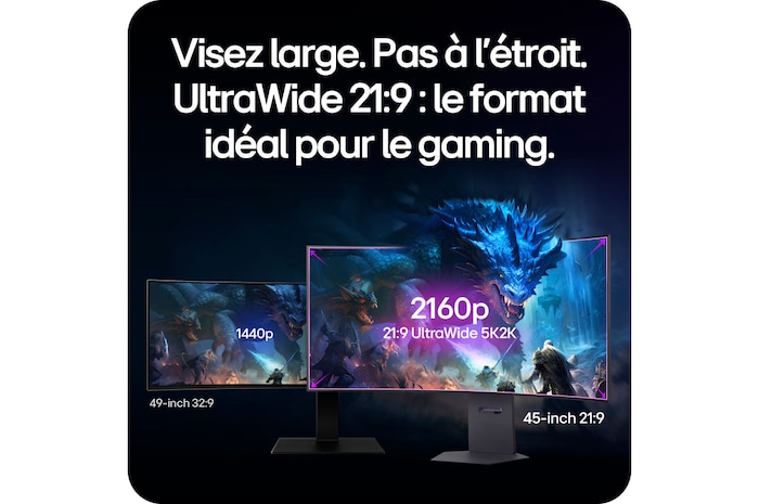 Moniteur LG 45GX950A affichant le sweetspot de jeu 21:9 UltraWide 5K2K (5120x2160), démontrant sa supériorité visuelle par rapport à un moniteur 32:9.
