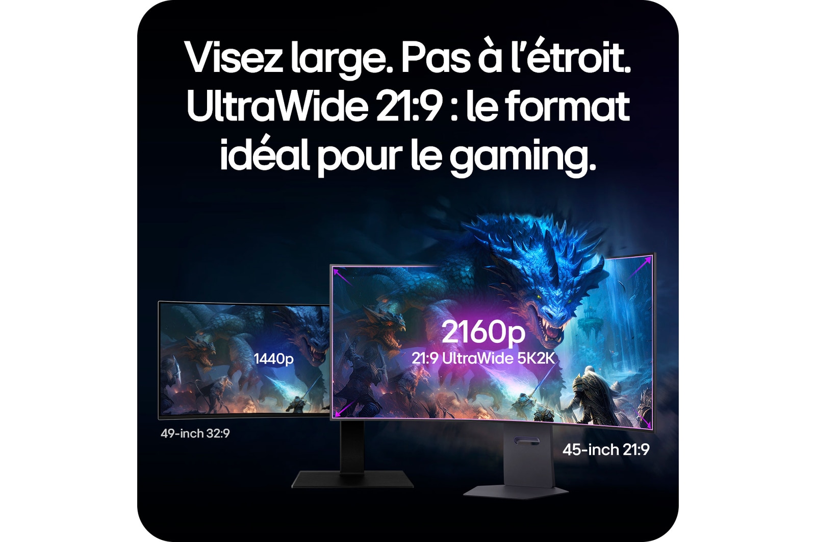 Moniteur LG 45GX950A affichant le sweetspot de jeu 21:9 UltraWide 5K2K (5120x2160), démontrant sa supériorité visuelle par rapport à un moniteur 32:9.