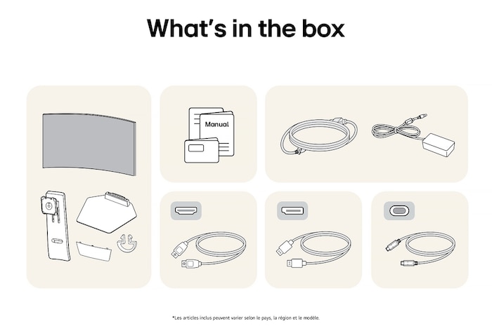 Moniteur LG 45GX950A affichant un aperçu de tous les composants fournis, incluant le corps du moniteur, le support, le manuel, l'adaptateur secteur et les câbles HDMI, DP et USB-C.