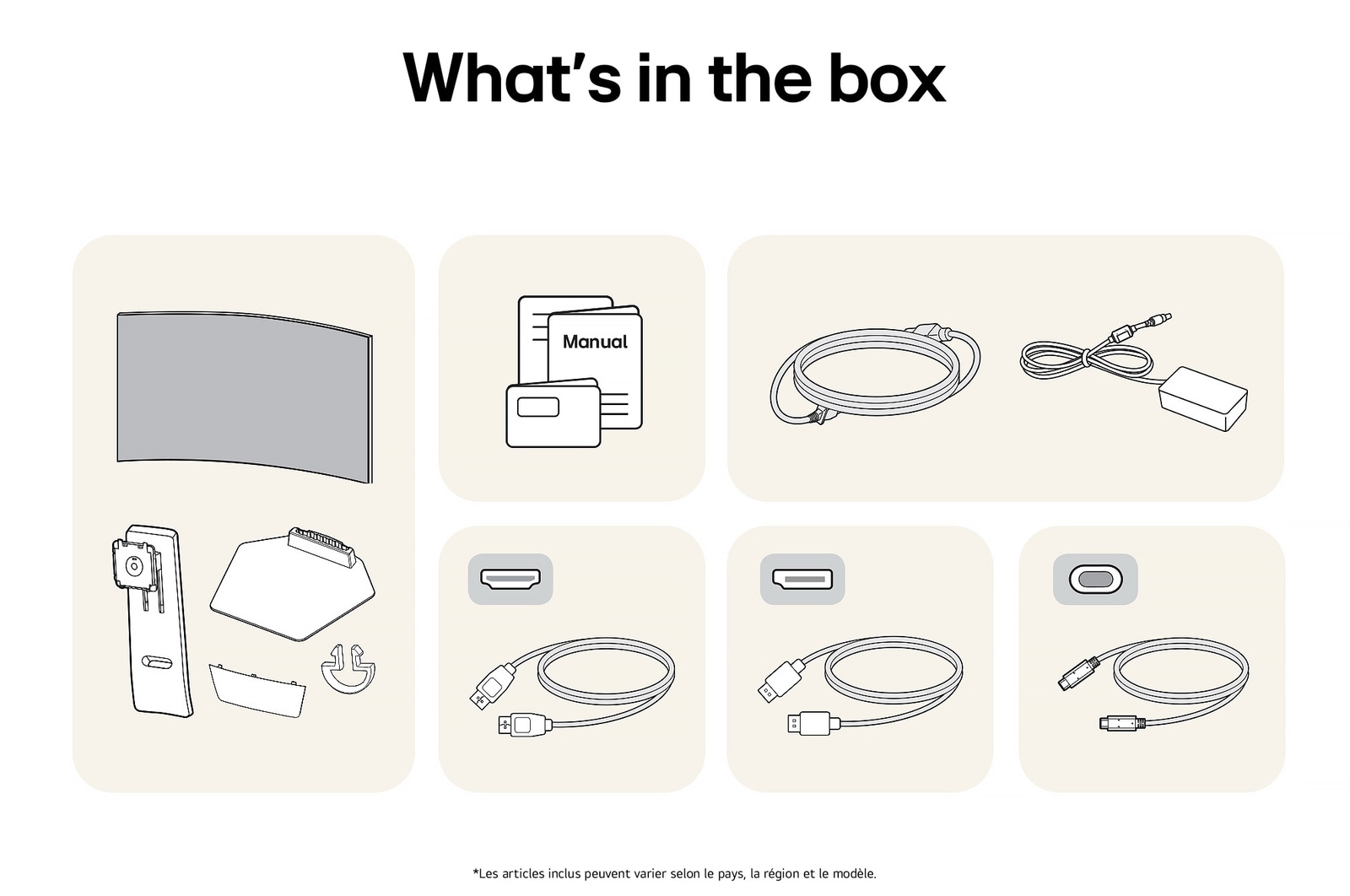 Moniteur LG 45GX950A affichant un aperçu de tous les composants fournis, incluant le corps du moniteur, le support, le manuel, l'adaptateur secteur et les câbles HDMI, DP et USB-C.