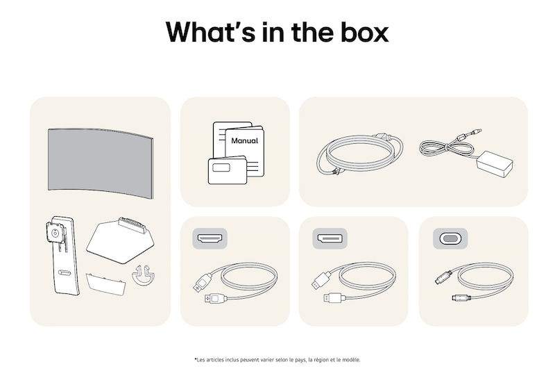 Moniteur LG 45GX950A affichant un aperçu de tous les composants fournis, incluant le corps du moniteur, le support, le manuel, l'adaptateur secteur et les câbles HDMI, DP et USB-C.
