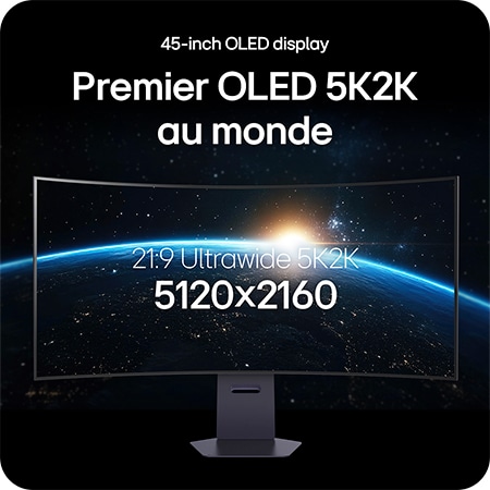 Moniteur LG 45GX950A affichant le premier écran OLED 5K2K au monde, doté d'une résolution UltraWide (21:9) de 5120x2160 et de 45 pouces.