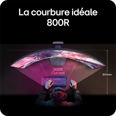 Moniteur LG 45GX950A présentant la courbure idéale 800R, qui englobe le champ de vision de l'utilisateur et offre une immersion maximale pour le jeu.