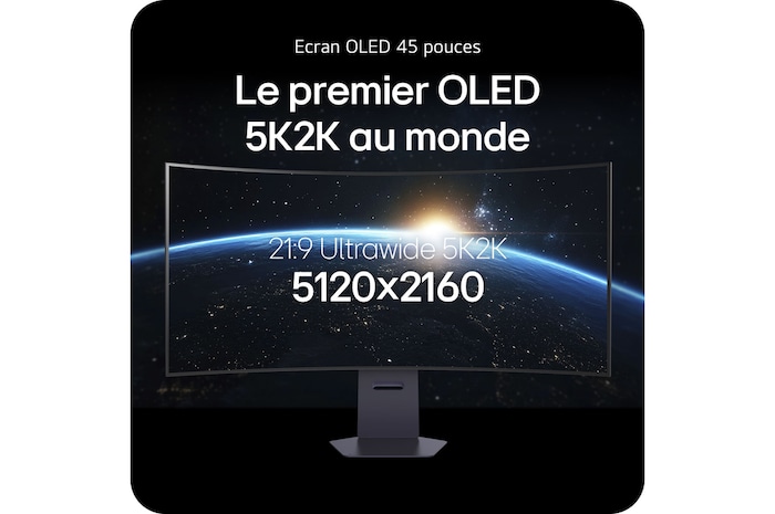 Vue arrière du Moniteur LG 45GX950A au fini sombre, détaillant les spécifications des ports avec deux ports HDMI™, DP, USB-C et une connexion USB.