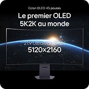 Vue arrière du Moniteur LG 45GX950A au fini sombre, détaillant les spécifications des ports avec deux ports HDMI™, DP, USB-C et une connexion USB.