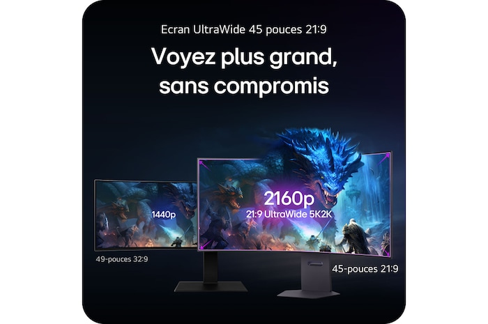 Moniteur LG 45GX950A affichant le premier écran OLED 5K2K au monde, doté d'une résolution UltraWide (21:9) de 5120x2160 et de 45 pouces.