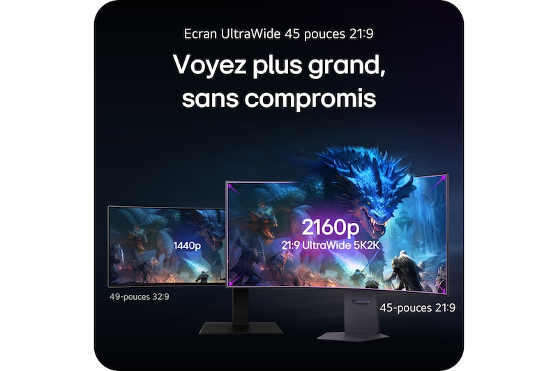 Moniteur LG 45GX950A affichant le premier écran OLED 5K2K au monde, doté d'une résolution UltraWide (21:9) de 5120x2160 et de 45 pouces.