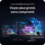 Moniteur LG 45GX950A affichant le premier écran OLED 5K2K au monde, doté d'une résolution UltraWide (21:9) de 5120x2160 et de 45 pouces.