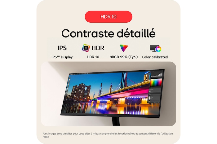 Moniteur LG 29U511A affichant un contraste détaillé grâce à HDR 10, à la dalle IPS™ et à la couverture couleur sRGB 99% (Typ.).