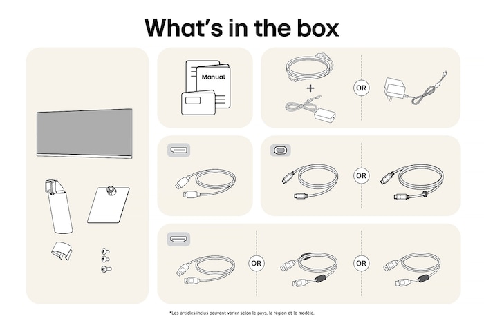 Moniteur LG 29U511A affichant un aperçu de tous les composants fournis, incluant le corps du moniteur, les pièces du support, le manuel et les câbles HDMI, DP et USB-C.