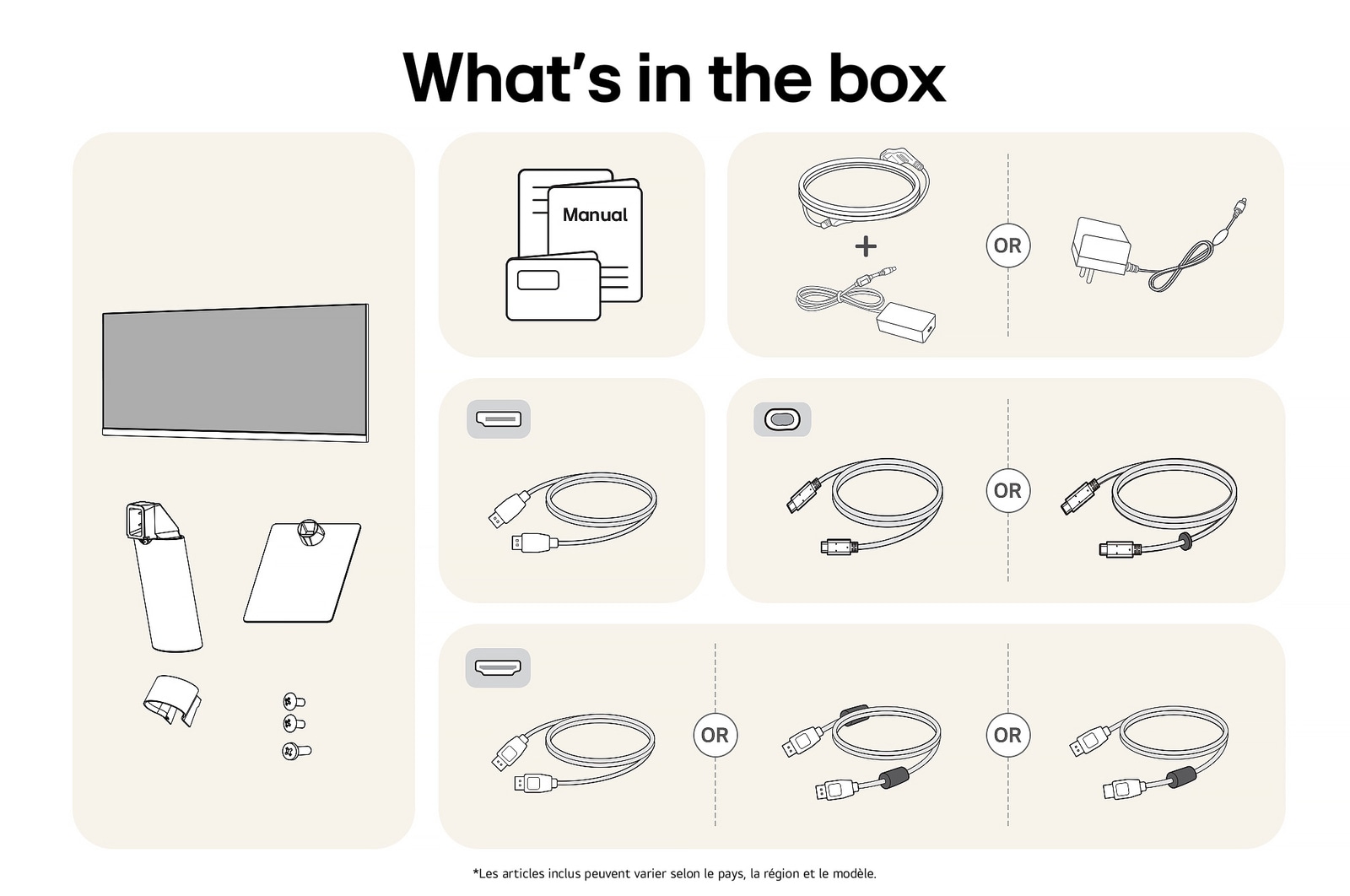 Moniteur LG 29U511A affichant un aperçu de tous les composants fournis, incluant le corps du moniteur, les pièces du support, le manuel et les câbles HDMI, DP et USB-C.