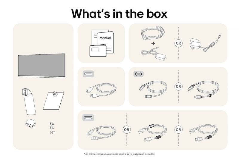 Moniteur LG 29U511A affichant un aperçu de tous les composants fournis, incluant le corps du moniteur, les pièces du support, le manuel et les câbles HDMI, DP et USB-C.