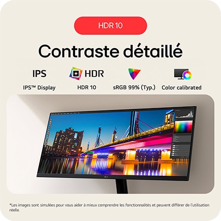 Moniteur LG 29U511A affichant un contraste détaillé grâce à HDR 10, à la dalle IPS™ et à la couverture couleur sRGB 99% (Typ.).