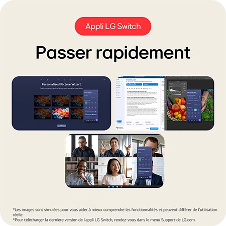 Moniteur LG 29U511A présentant la fonctionnalité LG Switch App, qui permet une commutation rapide entre les différents paramètres et modes d'écran.