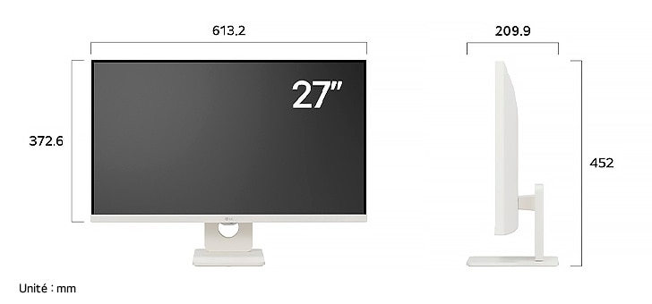 Moniteur LG 27U731SA en finition blanche affichant les dimensions, mesurant 613,2 mm de largeur, 372,6 mm de hauteur d'écran, 452 mm de hauteur totale et 209,9 mm de profondeur.