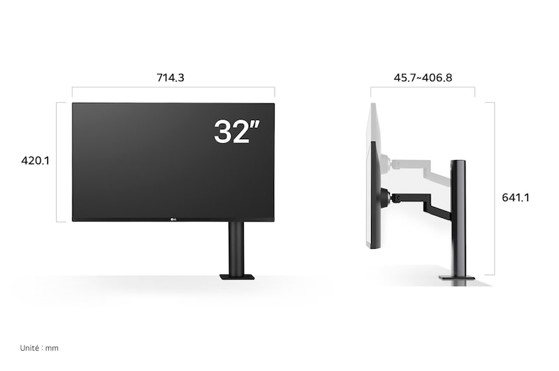 Moniteur 4K Ergo LG dessin technique: dimensions de l'écran 32 pouces (L 714,3 mm, H 420,1 mm) et hauteur totale 641,1 mm avec bras ergonomique.