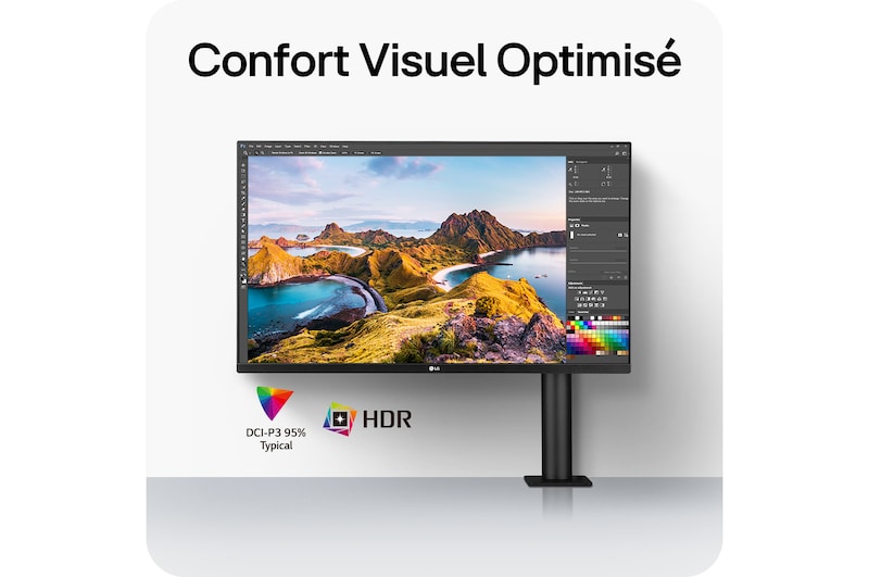 Moniteur LG 32UN880K assurant une vue agréable grâce à la prise en charge HDR et à 95% de l'espace couleur DCI-P3 pour une reproduction précise des couleurs.
