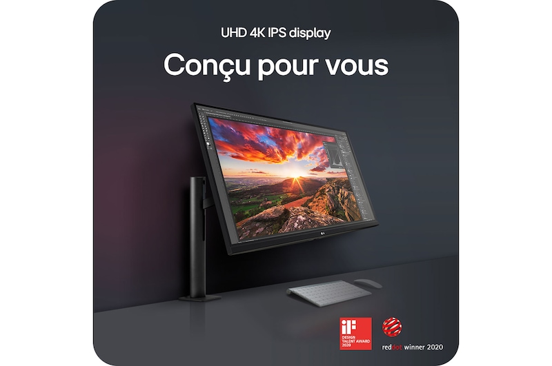 Moniteur LG 32UN880K avec écran UHD 4K IPS mettant en évidence le design ergonomique du support Ergo, primé par le iF Design Award et le Red Dot Award.