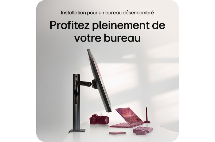 Moniteur LG 32UN880K présentant l'utilisation complète de l'espace de travail grâce au support Ergo pour un bureau rangé et efficace.